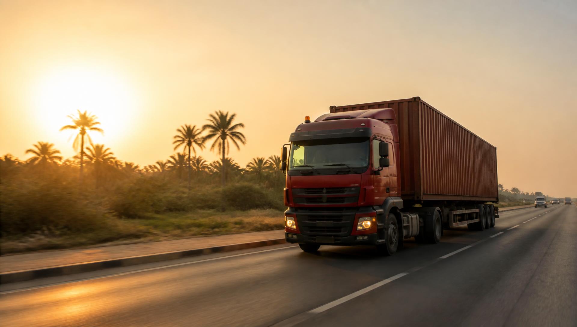 Articulated haulage truck on a Nigerian expressway at golden hour